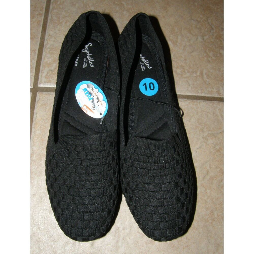 SEYCHELLES Women sz 10 Black Woven Fabric Slip On SYLVIE Memory Foam Flats NEW